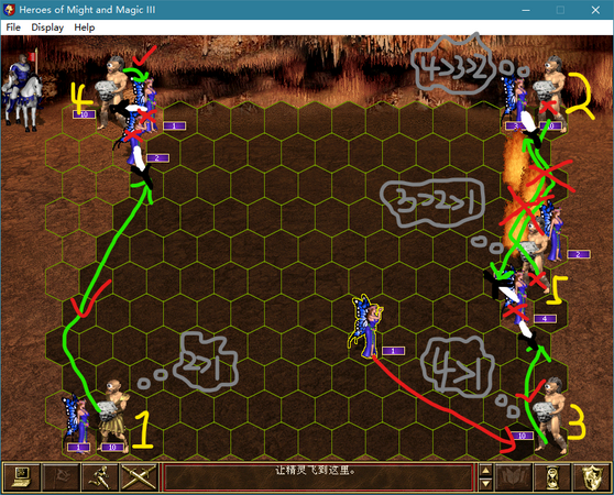 (2.) Now that all the Sprites have completed their actions, it's time for the Cyclops to act. Due to the proximity and the melee engagement value, when they cannot shoot because they are too close to the enemy, they will opt to melee attack the largest number of Sprites stacks they can reach. After this round of actions, the Cyclops in slots 1 and 5 each step on the Fire Walls placed on both sides and perish, and the Cyclops in slot 3 moves to a hex where they will be within range of the initial Fire Wall placement for the next round. Meanwhile, the Cyclops Kings move towards the upper-left corner, setting up an opportunity for the Pixies in the next round to engage both units simultaneously at close range.