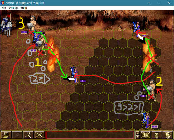 (3.) In the next turn, cast a Fire Wall in the upper-left area, have the single Sprite move adjacent to the Cyclops to engage in melee, and use the larger stacks of Sprites to lure them into stepping on the Fire Wall. By placing just two Fire Walls, all the defending units can be completely eliminated.