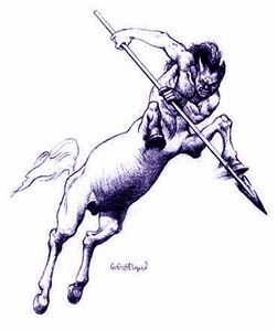 Sketch by George Almond (RoE manual p107): "This drawing convinced the producer and writers that the centaur's weapon should be a spear instead of the tradition bow and arrows." (used on the MM8 Map)