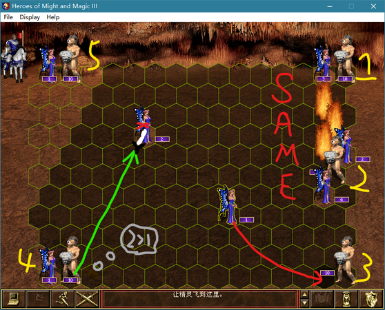(4.) Next, we explain the case without upgraded units. The Fire Wall placement and movement on the right side of the battlefield in the first round are identical. The difference lies on the left side: a stack of 2 Sprites is used to lure the Cyclops in slot 3, causing it to move toward the priority-1 direction (upper-right) to the farthest extent of its movement range.