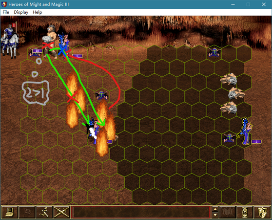 (6.) Finally, we need to place a third Fire Wall to eliminate the remaining Cyclops in slot 4, using a method similar to the previous step. Interestingly, fighting a guard with upgraded units actually consumes less mana and results in fewer perished Sprites than fighting one without upgraded units.