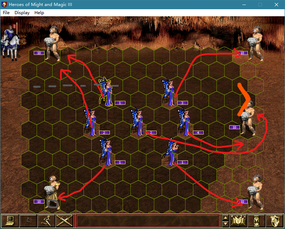 (1.) We will first explain using the case with upgraded units. Move the Sprites in the directions indicated by the red arrows in the image, and cast Fire Wall at the orange mark. Note that due to the presence of upgraded units, the Cyclops King in slot 4 will act first, and its maximum movement range is already shown in gray on the map.