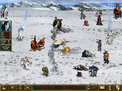 Mock battle screenshot from CD Action, showing various Palace and Grotto units, including a Yeti doing the Bigfoot walk, ethereal wolves pulling the Valkyrie's chariot, and the special attack effect of the Vori High Elf.